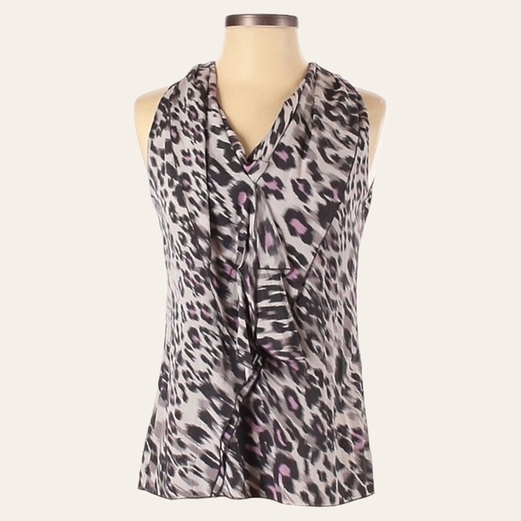 🌺 Ann Taylor Leopard Print Neck Tie Silk Sleeveless Blouse Size 2 - Picture 1 of 9